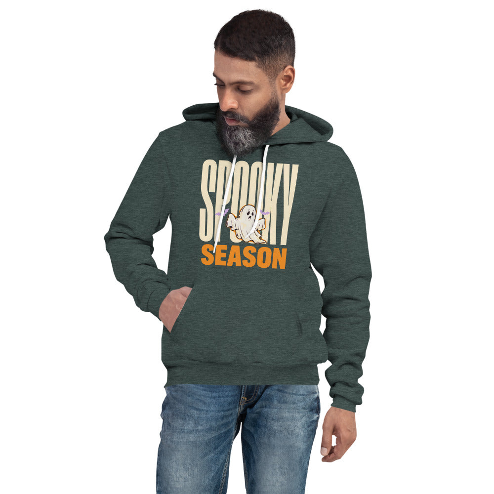 Spooky Season retro Halloween ghost typography hoodie — Heather Forest, on model
