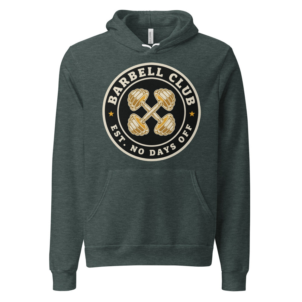 Barbell Club No Days Off vintage gym hoodie — Heather Forest, front