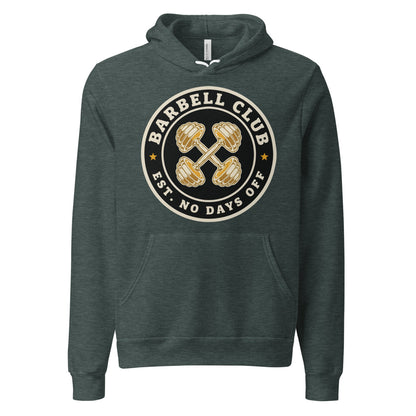 Barbell Club No Days Off vintage gym hoodie — Heather Forest, front