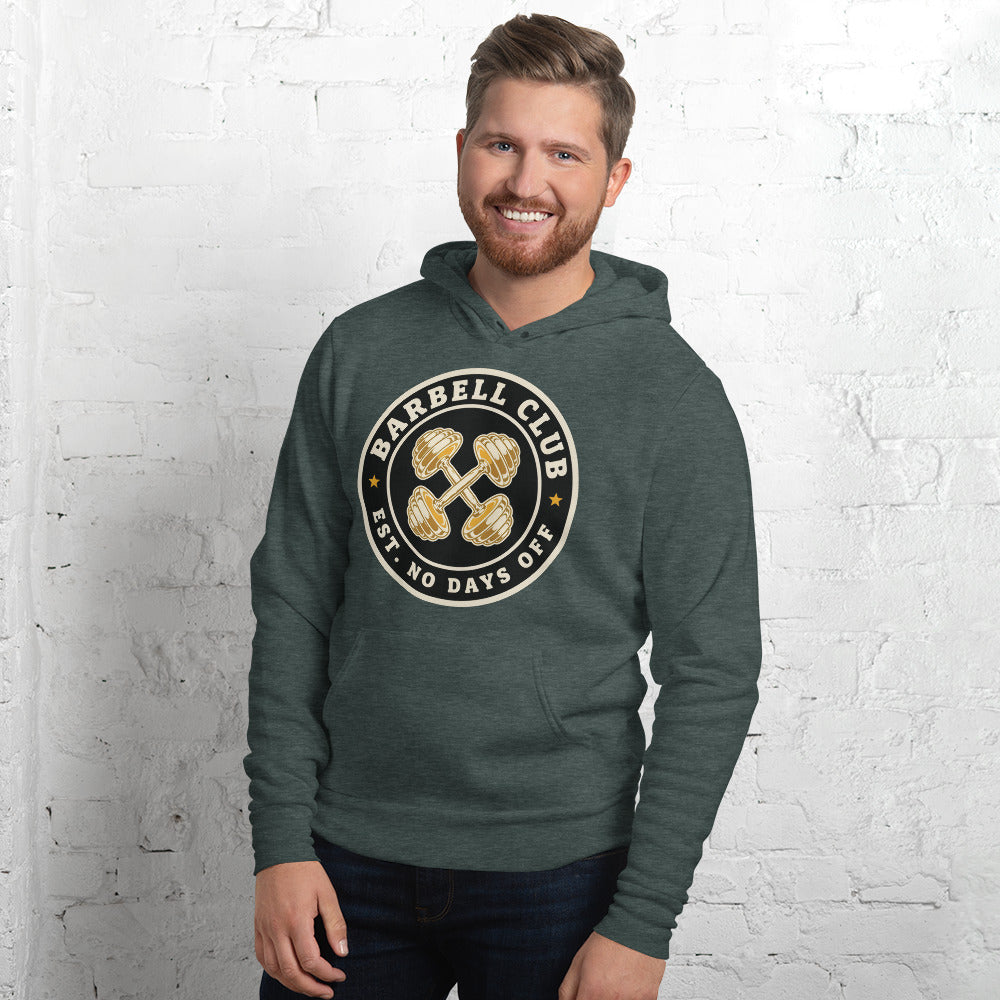 Barbell Club No Days Off vintage gym hoodie — Heather Forest, on model