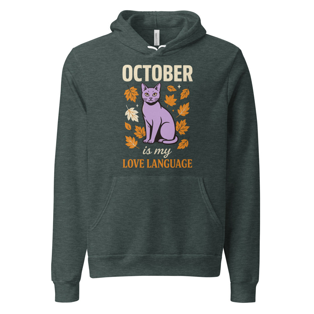 October Is My Love Language retro Halloween black cat hoodie — Heather Forest, front