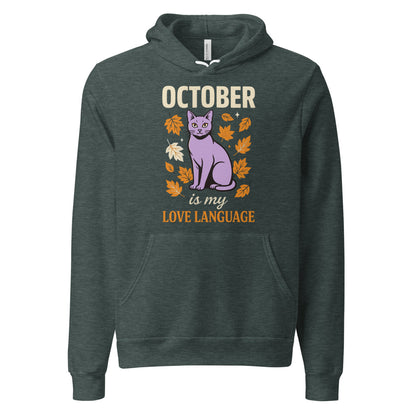 October Is My Love Language retro Halloween black cat hoodie — Heather Forest, front