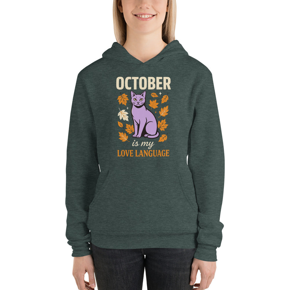 October Is My Love Language retro Halloween black cat hoodie — Heather Forest, on model