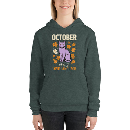 October Is My Love Language retro Halloween black cat hoodie — Heather Forest, on model