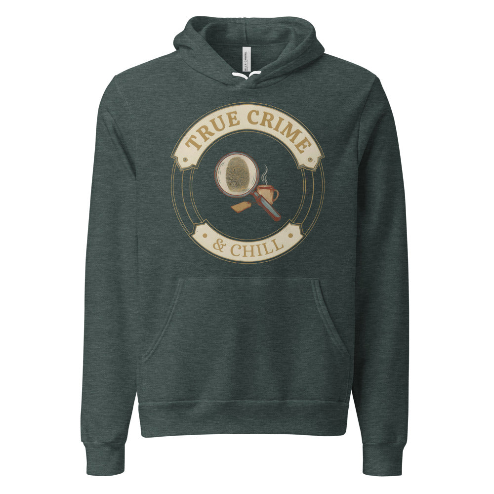 True Crime and Chill vintage case-file badge hoodie — Heather Forest, front