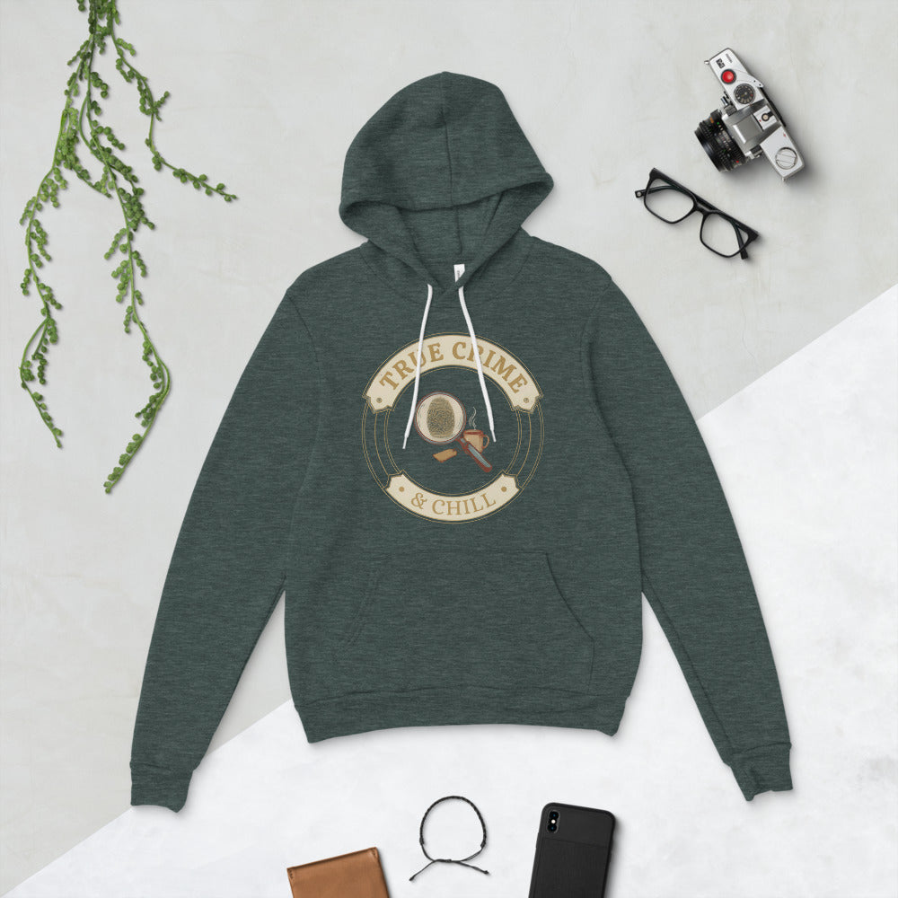 True Crime and Chill vintage case-file badge hoodie — Heather Forest, flat lay