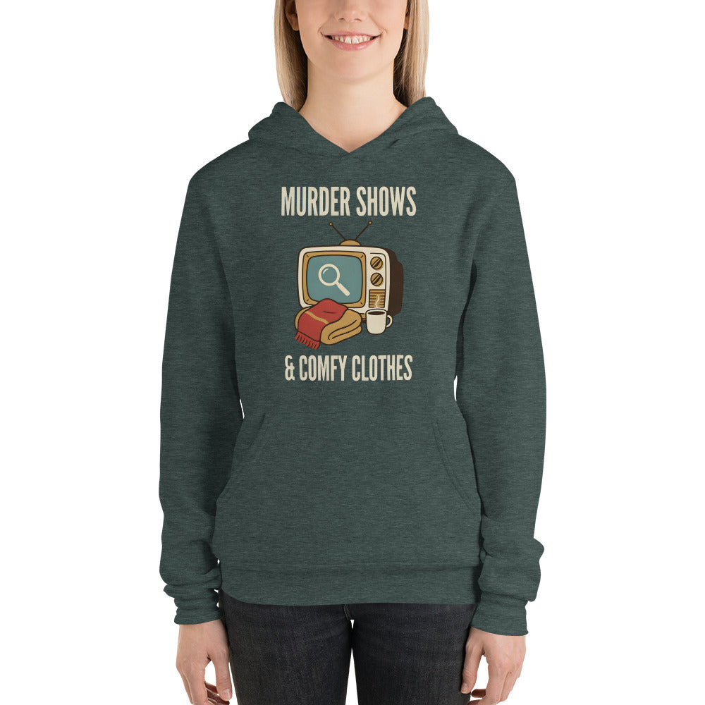 Murder Shows and Comfy Clothes cozy true crime hoodie — Heather Forest, on model