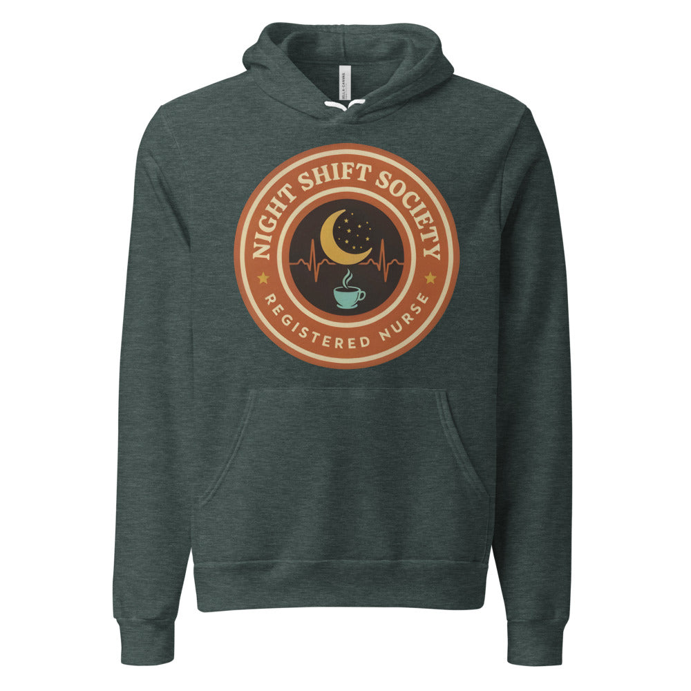 Night Shift Society retro registered nurse badge hoodie — Heather Forest, front