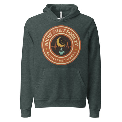 Night Shift Society retro registered nurse badge hoodie — Heather Forest, front