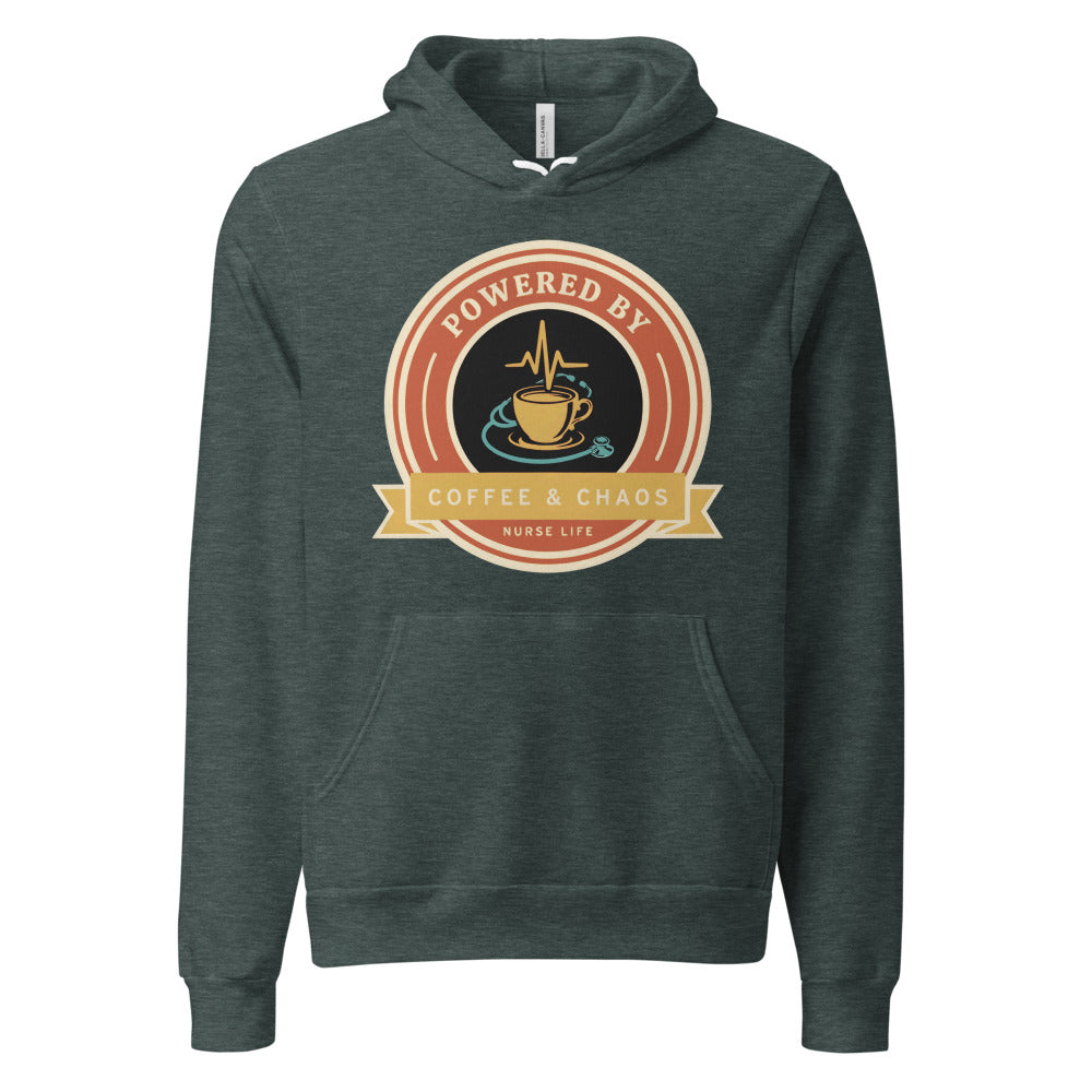 Powered by Coffee & Chaos retro nurse badge hoodie — Heather Forest, front