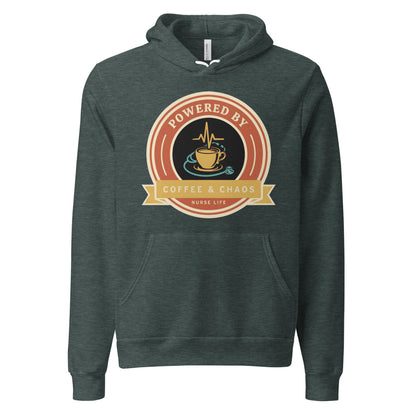 Powered by Coffee & Chaos retro nurse badge hoodie — Heather Forest, front