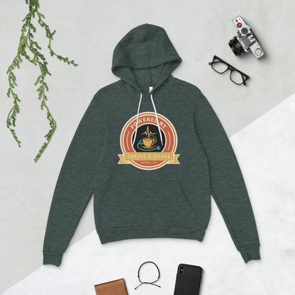 Powered by Coffee & Chaos retro nurse badge hoodie — Heather Forest, flat lay