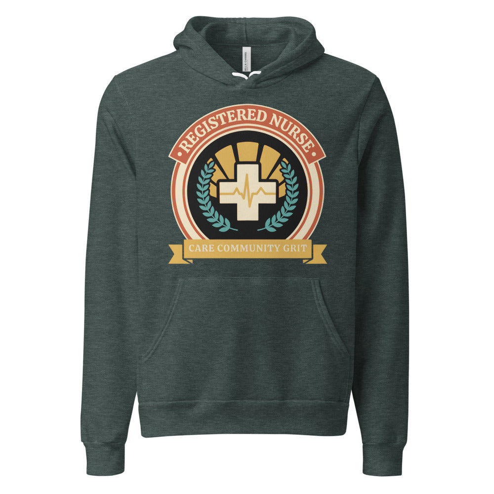 Registered Nurse vintage healthcare emblem badge hoodie — Heather Forest, front