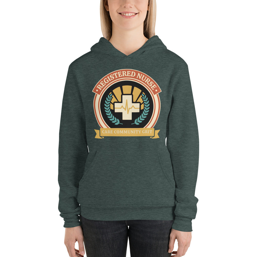 Registered Nurse vintage healthcare emblem badge hoodie — Heather Forest, on model
