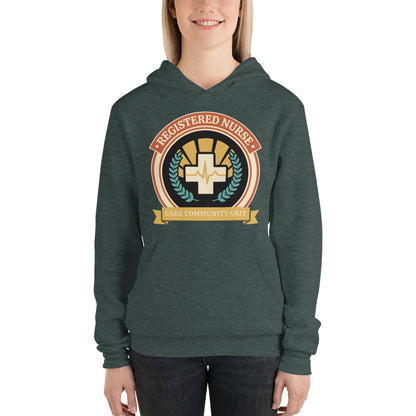 Registered Nurse vintage healthcare emblem badge hoodie — Heather Forest, on model