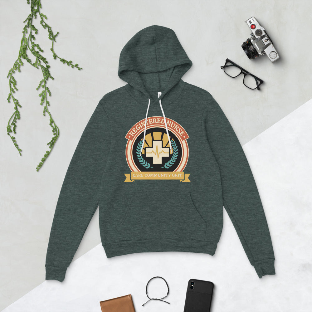 Registered Nurse vintage healthcare emblem badge hoodie — Heather Forest, flat lay