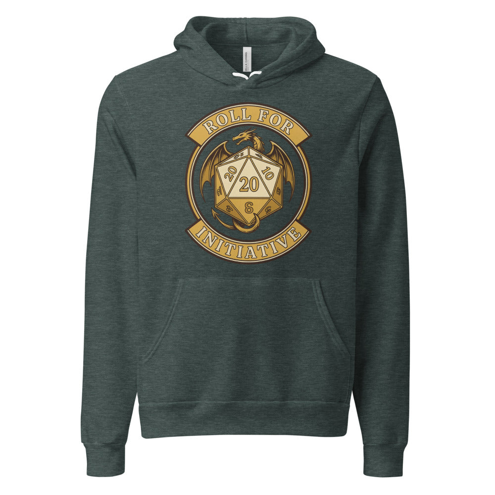 Roll For Initiative d20 dragon tabletop RPG hoodie — Heather Forest, front