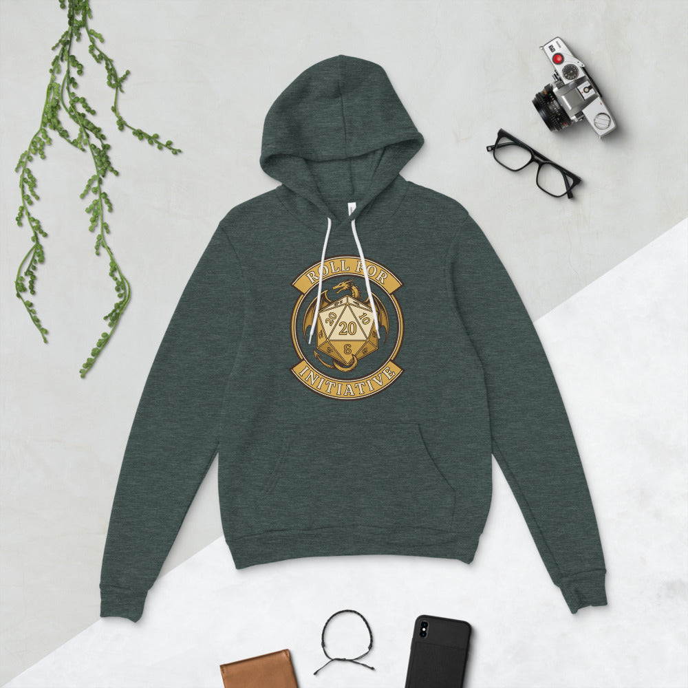 Roll For Initiative d20 dragon tabletop RPG hoodie — Heather Forest, flat lay