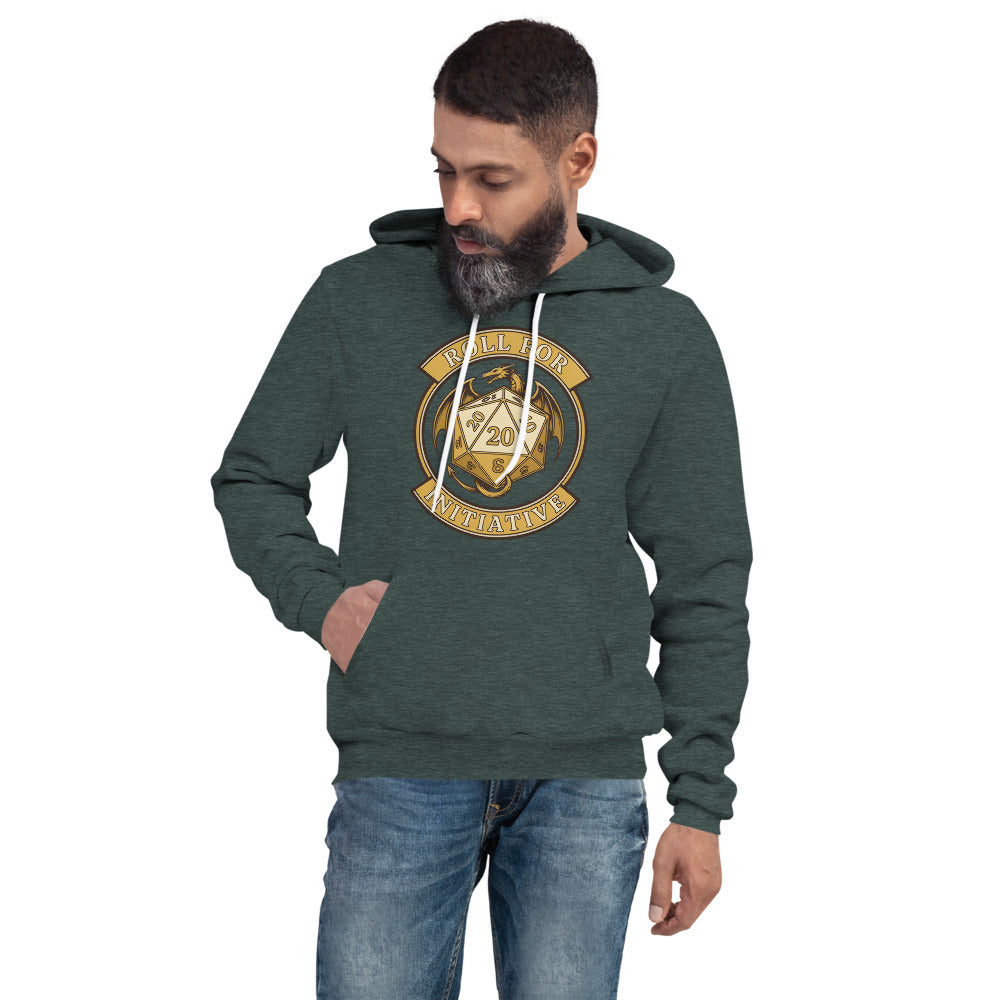 Roll For Initiative d20 dragon tabletop RPG hoodie — Heather Forest, on model