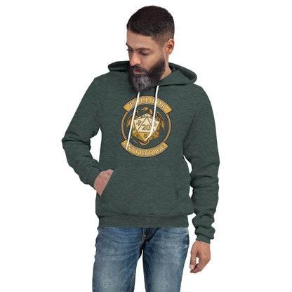 Roll For Initiative d20 dragon tabletop RPG hoodie — Heather Forest, on model