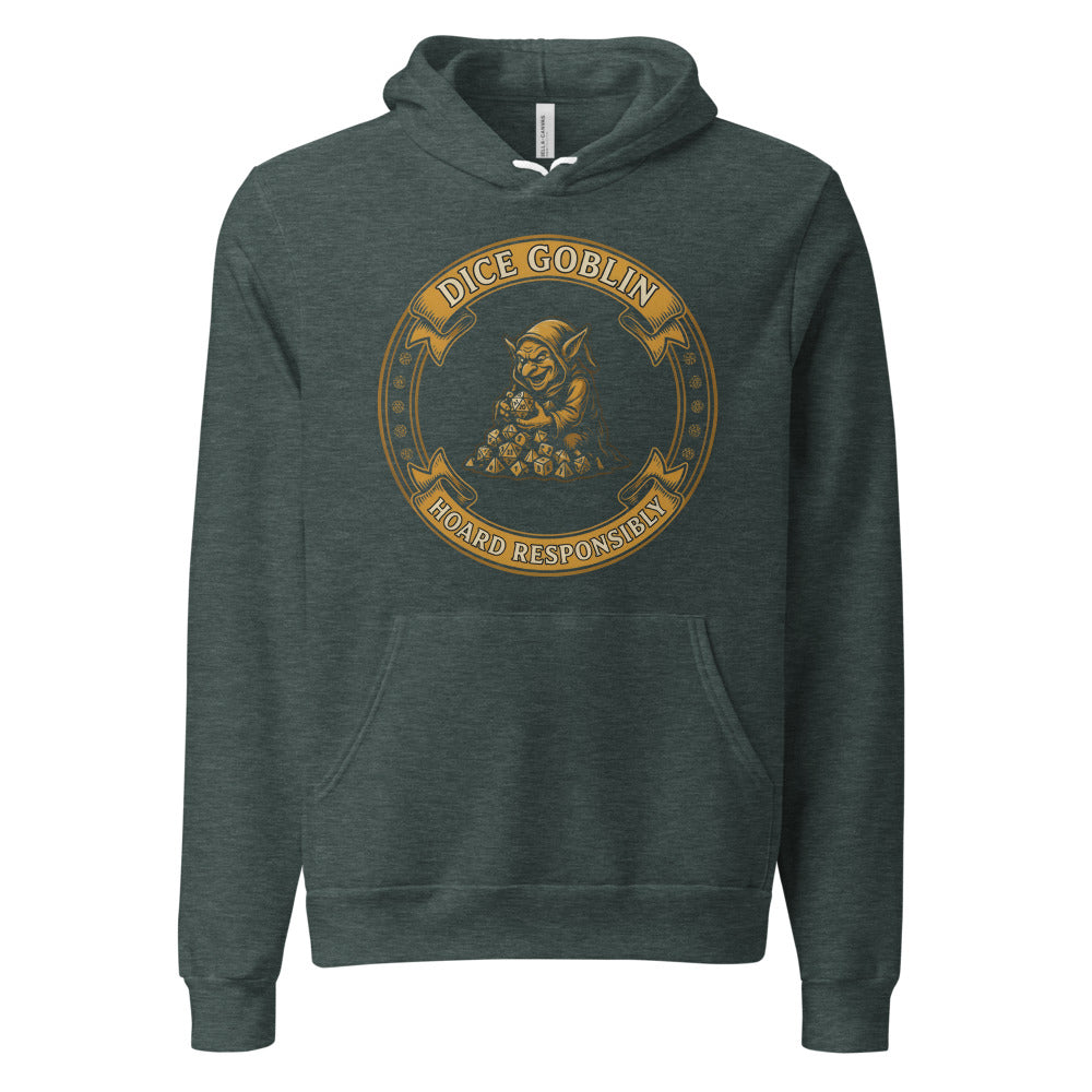 Dice Goblin Hoard Responsibly tabletop RPG hoodie — Heather Forest, front