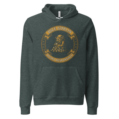 Dice Goblin Hoard Responsibly tabletop RPG hoodie — Heather Forest, front