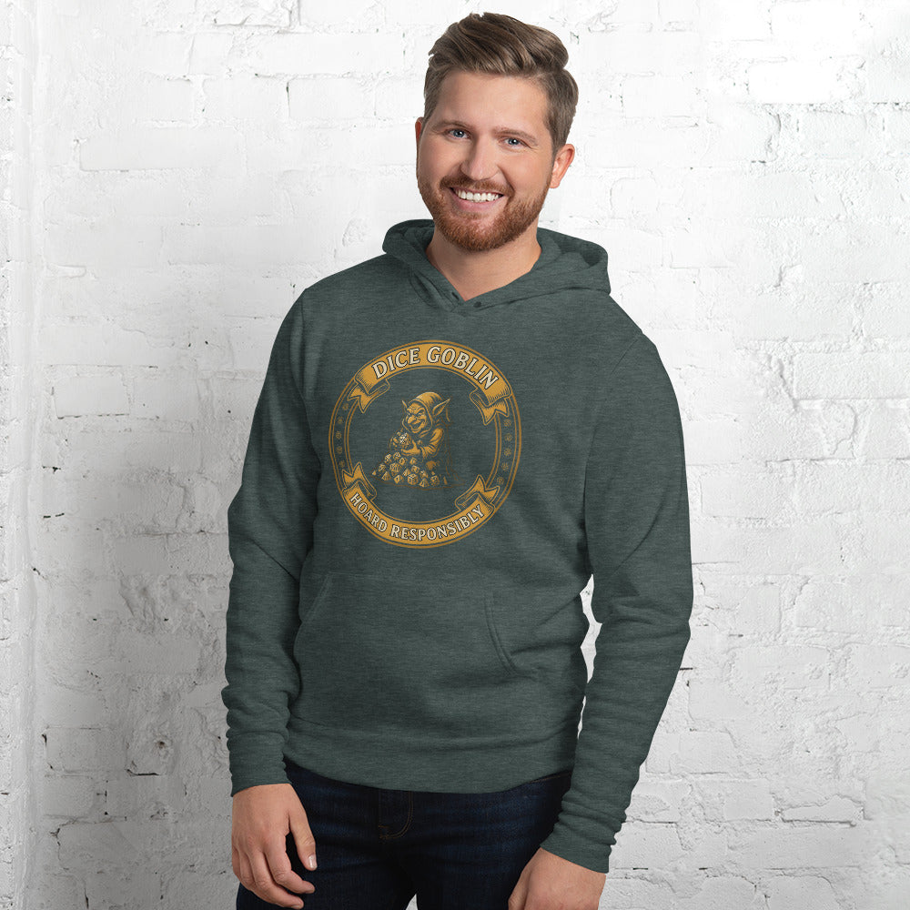 Dice Goblin Hoard Responsibly tabletop RPG hoodie — Heather Forest, on model