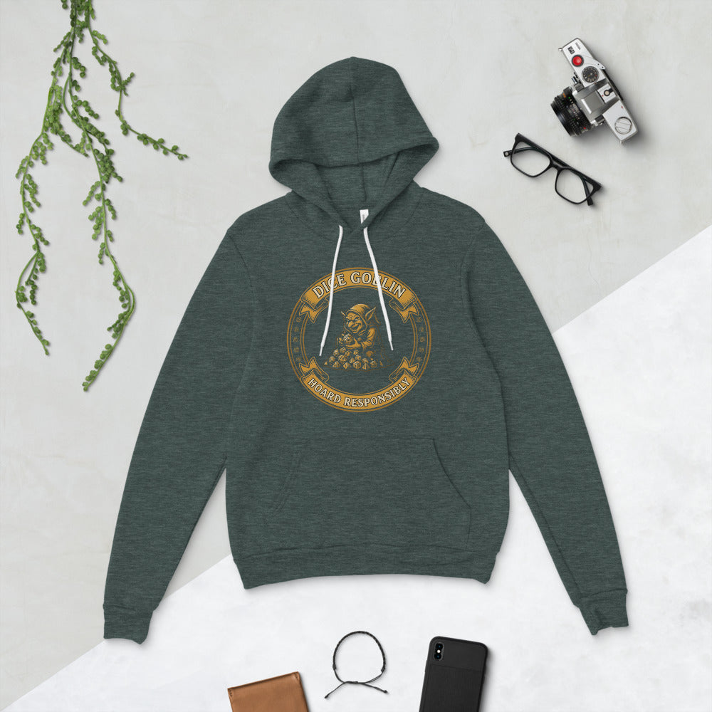 Dice Goblin Hoard Responsibly tabletop RPG hoodie — Heather Forest, flat lay