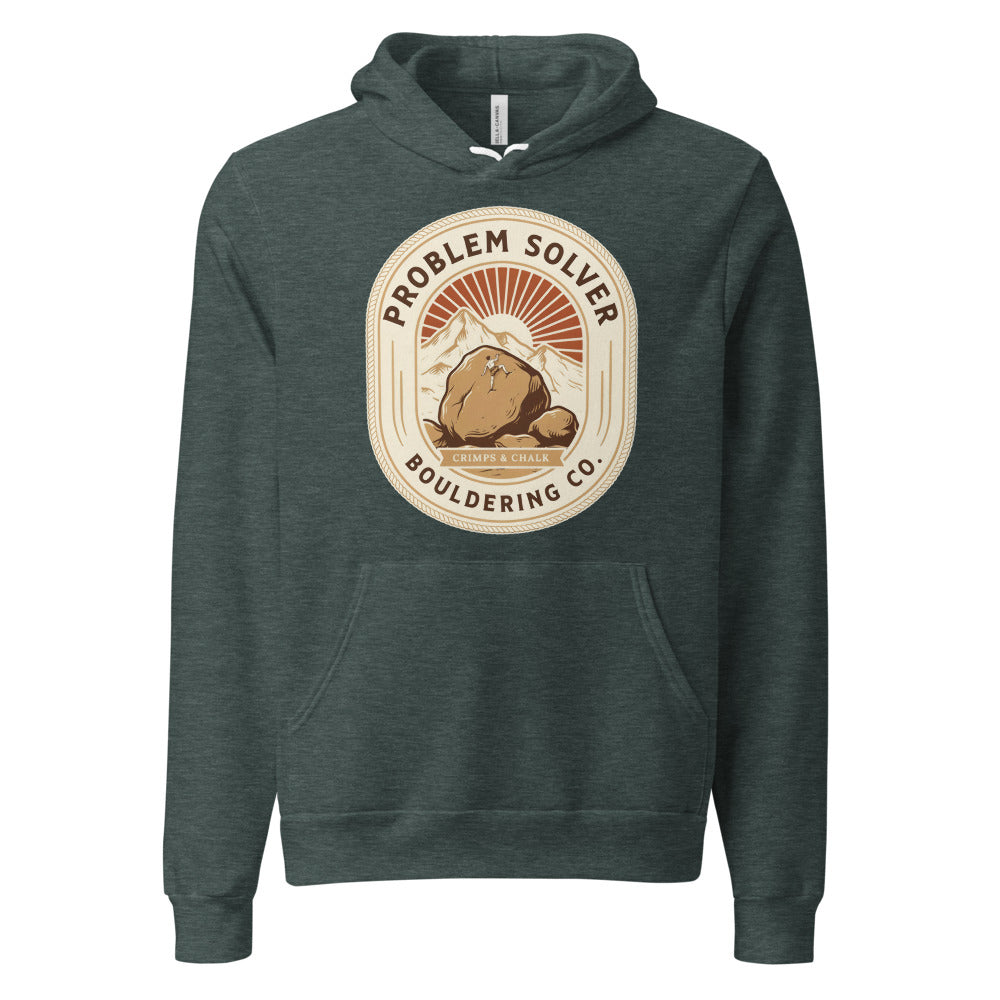 Problem Solver Bouldering Badge hoodie — Heather Forest, front