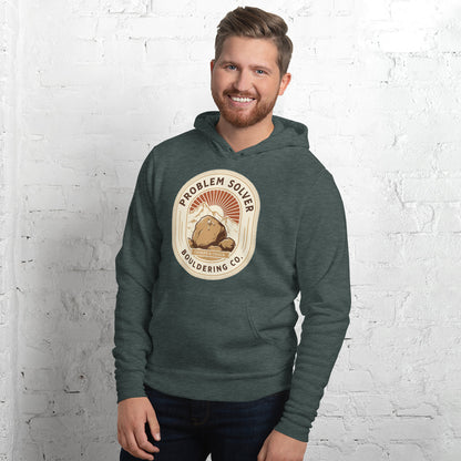 Problem Solver Bouldering Badge hoodie — Heather Forest, on model