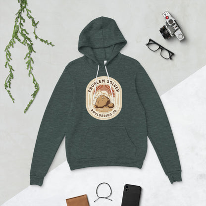 Problem Solver Bouldering Badge hoodie — Heather Forest, flat lay