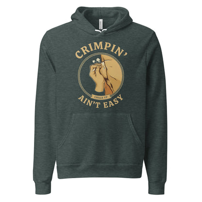 Crimpin' Ain't Easy bouldering badge hoodie — Heather Forest, front
