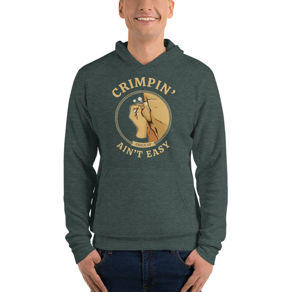 Crimpin' Ain't Easy bouldering badge hoodie — Heather Forest, on model