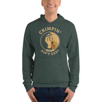 Crimpin' Ain't Easy bouldering badge hoodie — Heather Forest, on model