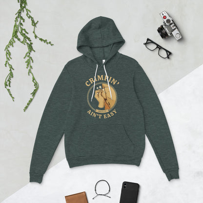 Crimpin' Ain't Easy bouldering badge hoodie — Heather Forest, flat lay