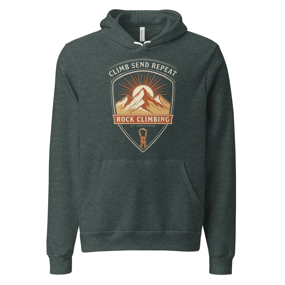 Climb Send Repeat mountaineering crest hoodie — Heather Forest, front