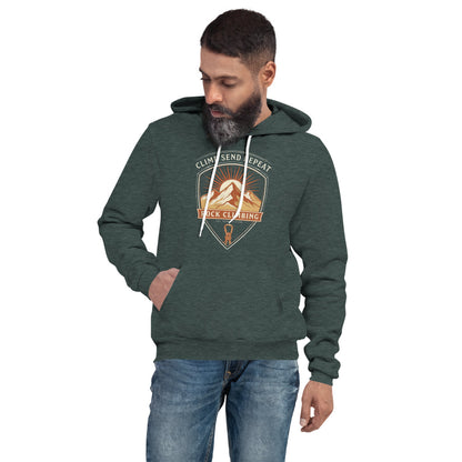 Climb Send Repeat mountaineering crest hoodie — Heather Forest, on model