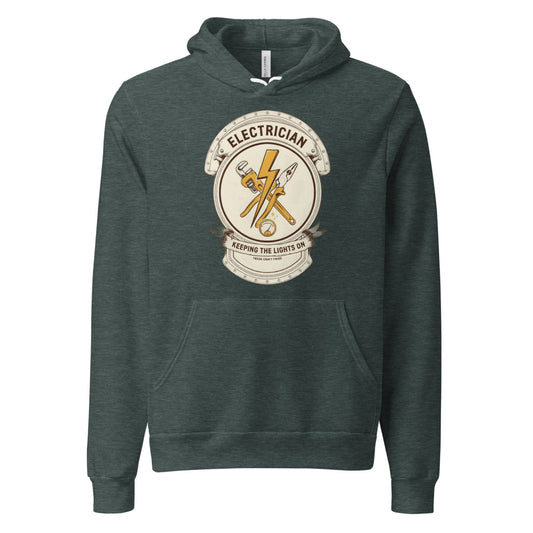 Electrician Journeyman trade crest hoodie — Heather Forest, front