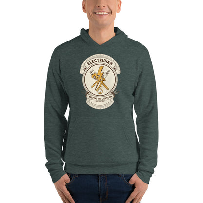Electrician Journeyman trade crest hoodie — Heather Forest, on model