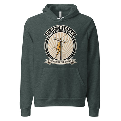 Powering The World electrician emblem hoodie — Heather Forest, front