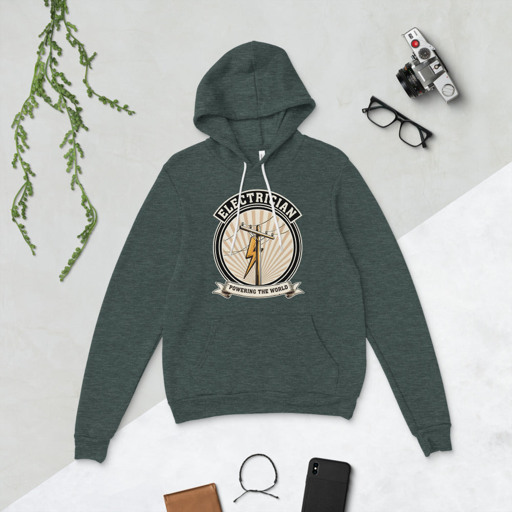 Powering The World electrician emblem hoodie — Heather Forest, flat lay