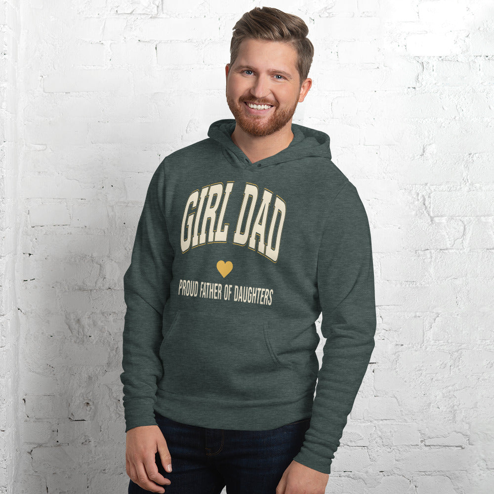Girl Dad retro varsity hoodie — Heather Forest, on model
