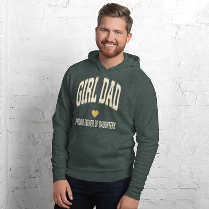 Girl Dad retro varsity hoodie — Heather Forest, on model