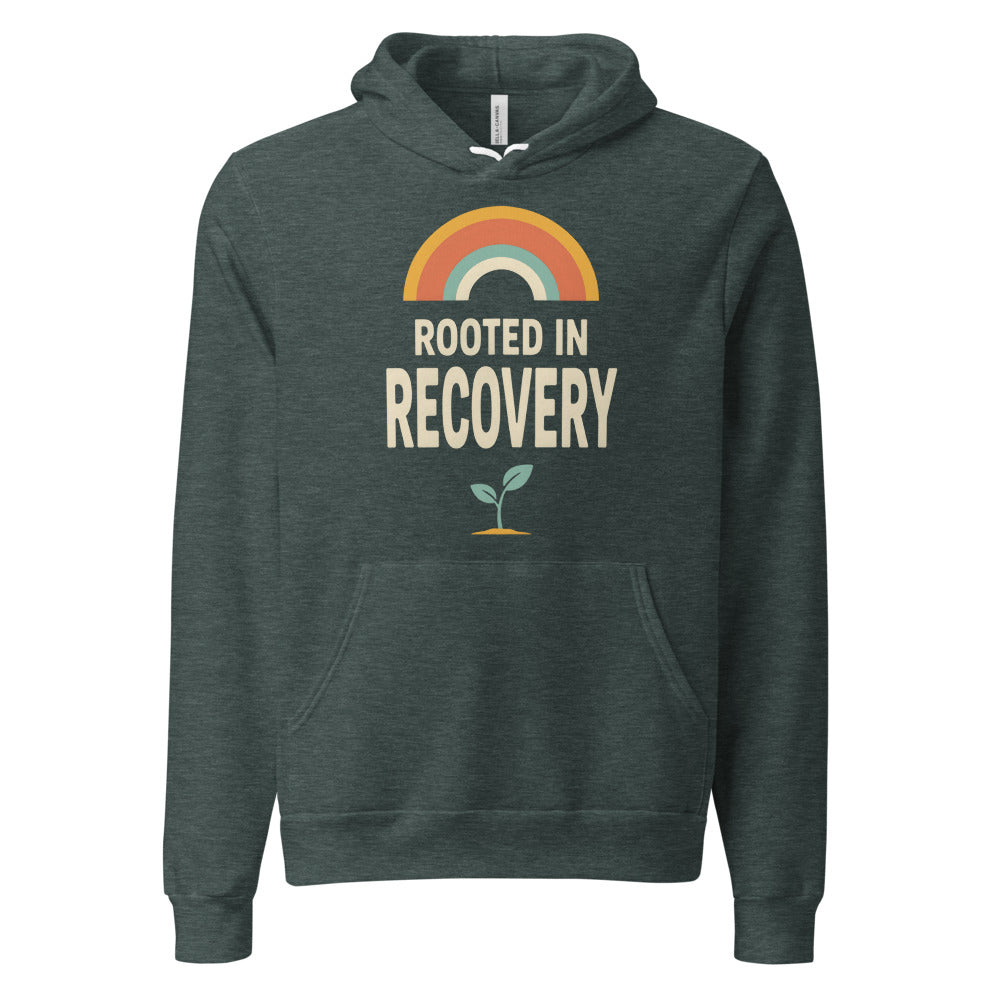 Rooted in Recovery retro rainbow hoodie — Heather Forest, front
