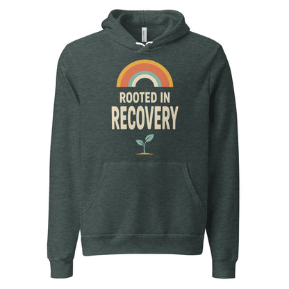 Rooted in Recovery retro rainbow hoodie — Heather Forest, front