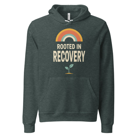 Rooted in Recovery retro rainbow hoodie — Heather Forest, front
