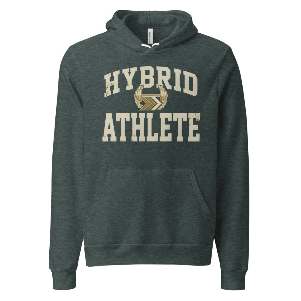 Hybrid Athlete vintage varsity hoodie — Heather Forest, front