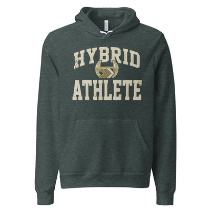 Hybrid Athlete vintage varsity hoodie — Heather Forest, front