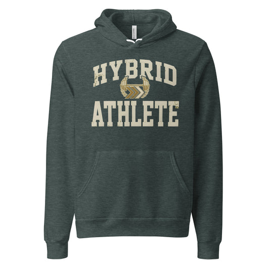 Hybrid Athlete vintage varsity hoodie — Heather Forest, front