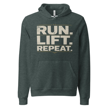 Run Lift Repeat vintage athletic hoodie — Heather Forest, front